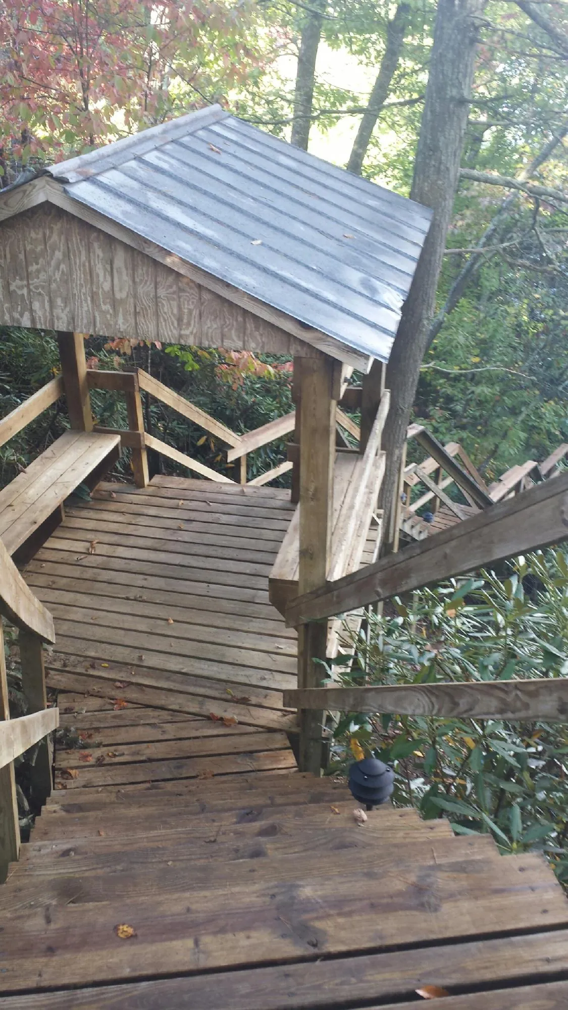 Metal roofed shelter over wooden steps on a wooded walkway — Skylight Repair & Installation work by our crew in Powers